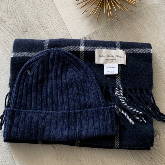 ITALIAN WOOLEN TREASURES Scarf‎ 100% & beanie wool made in Italy navy plaid - Picture 1 of 7